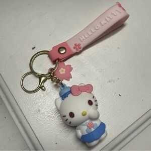 Hello Kitty Kawaii Sakura Pink and Blue Sailor Charm Keychain Gold Hardware